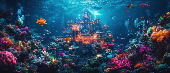 Fototapeta premium Underwater view of vibrant coral reefs with colorful fish near an ancient sunken city during daylight hours