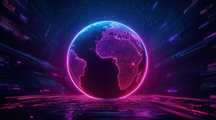 Obraz premium Futuristic Neon Globe with Circuit Design and Digital Effects Representing Technological Connectivity