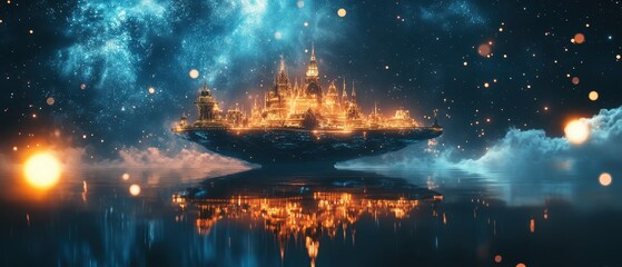 Fototapeta premium Floating city in space surrounded by stars and nebulas at dusk showcasing vibrant lights and mystical atmosphere