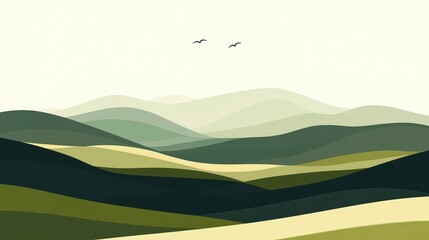 Serene Abstract Landscape with Gentle Hills and Soaring Birds