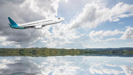 Commercial airplane flying in the sky above the lakes with cloudscapes background