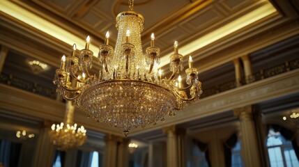 Fototapeta premium Elegant crystal chandelier illuminating grand ballroom luxury venue interior design opulent ambiance low angle view light reflection