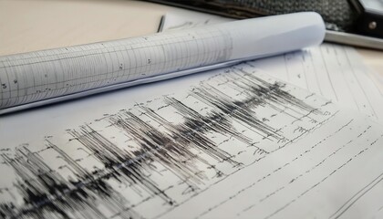 A seismograph chart showing recorded seismic activity on sheets of paper.