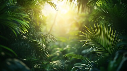 Fototapeta premium Lush tropical jungle scene with sunlight filtering through dense foliage.