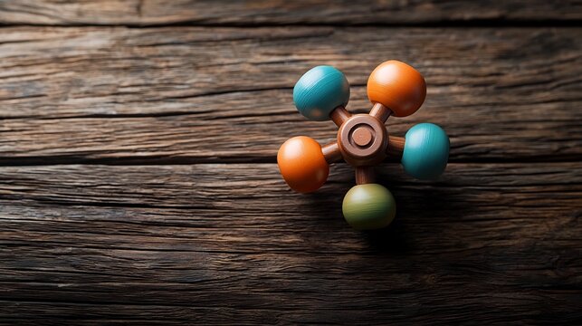 Detailed image of a colorful spinning top made from a recycled plastic bottle set against a rustic wooden background