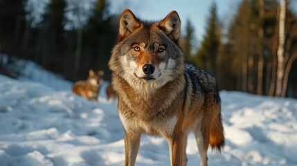 Fototapeta premium Majestic wolf encounter snowy forest wildlife photography natural habitat close-up animal behavior
