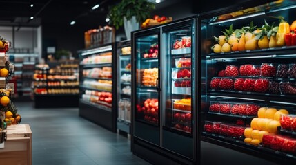 Fresh Fruit and Vegetable Display in Modern Supermarket with Colorful Produce and Refrigerated Shelves