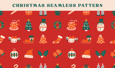  christmas doodle seamless pattern, unique patterns, minimal lines, whimsical, playful, childish style on red background.