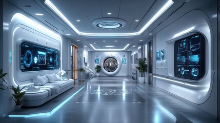 Fototapeta premium Futuristic hallway with sleek design and advanced technology displays.
