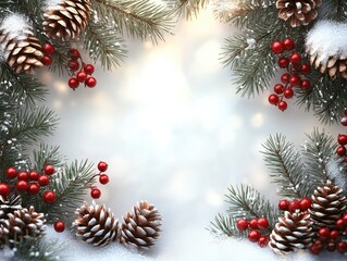 Christmas Border Design with Pine Branches Red Berries and Snow Covered Pine Cones Template