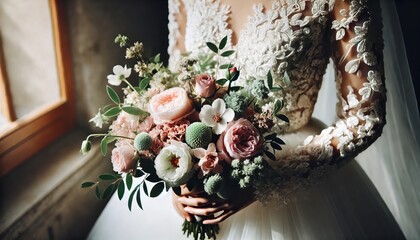 the bride's hands are holding a bouquet of flowers