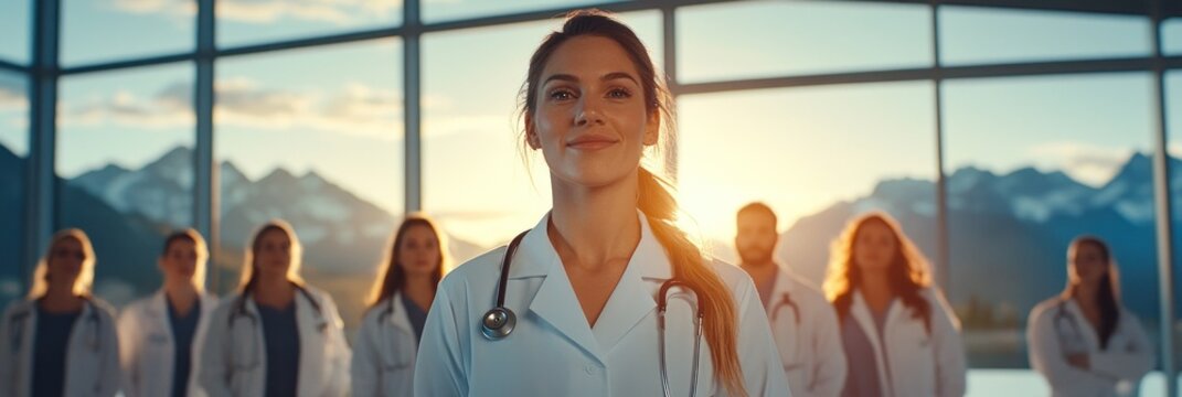 Team of doctors with leader in focus at sunset