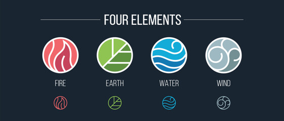Four elements harmony astrology ecology fire water wind earth icons set vector logo