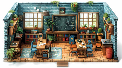 Enchanted Classroom:  A whimsical, miniature diorama of a charming classroom, complete with a chalkboard, desks, bookshelves, and potted plants.