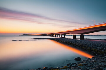 Unbelievable Vertical picture of a bridge on the sea under a cloudy sky during the sunset