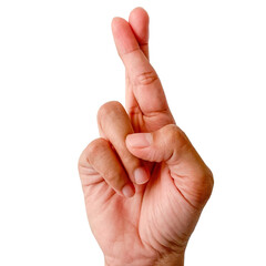 Woman hand making cross fingers, hand gesture. Transparent background.