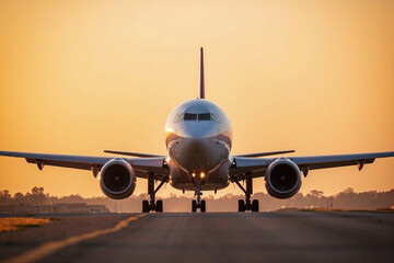 Naklejka premium Commercial airplane runway golden hour white fuselage jet engines