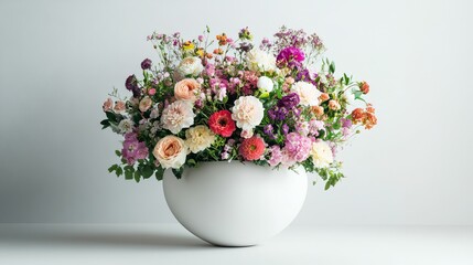  Round Vase with huge multicolor various mixed flower bouquet on the light gray