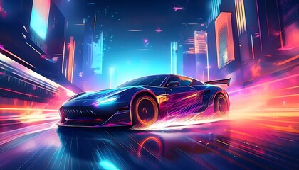 Futuristic sports car racing through a neon cityscape.