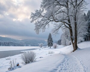 Obraz premium Frosty winter wonderland with snow-kissed trees, a serene forest blanketed in white