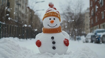 Obraz premium Snowman doll handmade. The snowman is wearing a red and black beanie hat and a red and brown plaid scarf, 