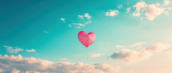 Obraz premium Heart-shaped balloon floats against a vibrant blue sky with fluffy white clouds on a sunny day