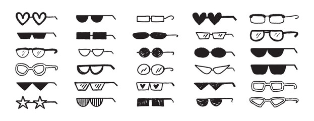 Thug glasses. Cool glasses graffiti grunge black sunglasses set, brush scribble hand drawn doodle elements