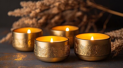 Four gold metallic candles burning brightly, autumnal setting.