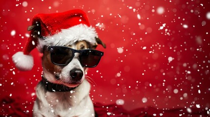 A stylish dog wearing a classic red Santa hat and trendy black sunglasses, sitting confidently with a festive red background and falling snowflakes, conveying holiday cheer