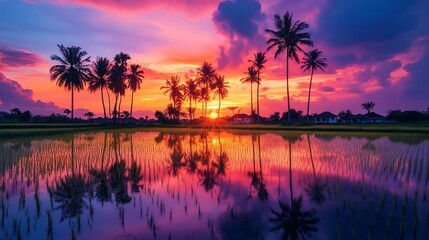 Vibrant sunset over calm water, reflecting palm trees and rice paddies.