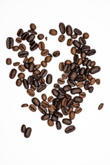 This collection of images presents a variety of coffee bean arrangements against a clean white backdrop. Each image showcases the rich brown hues and diverse forms of the beans, capturing their natura
