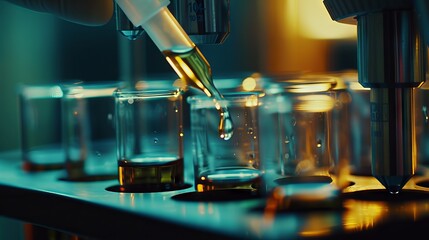 Scientist using pipette to add liquid to multiple transparent test tubes in laboratory setting