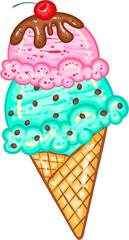 Ice cream cone chocolate mint and strawberries