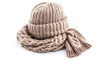 Wool knitted hat and scarf isolated on white background