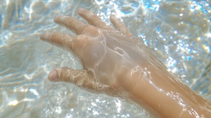 Fototapeta premium Hand in Water Sunlit Clear Sparkling Summer Ocean Beach Skin Texture Refreshing Pure Tranquil