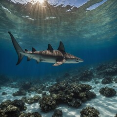 Fototapeta premium A hammerhead shark patrolling clear tropical waters.