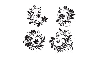 Set of 4 Elegant Floral Swirl Designs, Decorative Black Floral Ornaments