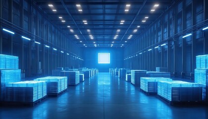 Fototapeta premium A symbolic glowing layout plan of packaging zones displayed in a hightech warehouse, dramatic lighting and focus