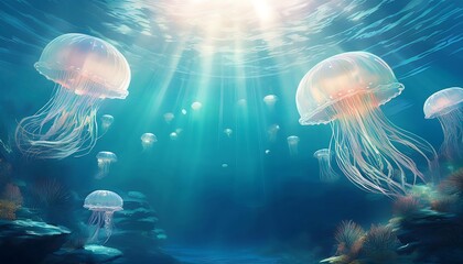 Fototapeta premium Underwater scene with glowing jellyfish.