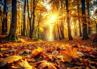 Calm Autumn Forest Scene: Vintage Photography, Fallen Leaves, Golden Hour
