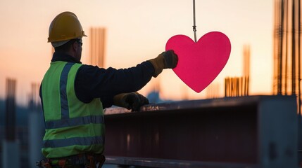 Valentine's Day concept, Silhouette of a Construction Worker Placing a Bright Red Heart on Steel Beams at Sunset