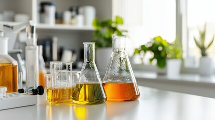 Colorful Laboratory Glassware with Liquids on Bright Workspace