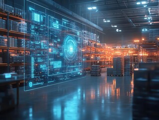 A symbolic glowing workflow map displayed holographically over a bustling warehouse floor, dramatic cinematic lighting