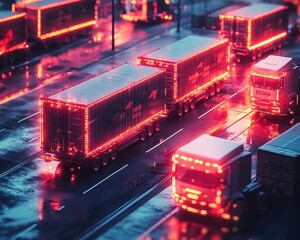 A symbolic image of glowing efficiency arrows connecting pallets and trucks, dramatic shadows and cinematic depth