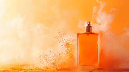 Amber Perfume in Smoky Haze: A captivating image of an amber-colored perfume bottle, standing amidst a swirling cloud of smoke and golden dust, creating a mysterious and luxurious atmosphere.