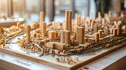 Architectural Model Cityscape: A detailed wooden architectural model of a modern city, showcasing a stunning array of skyscrapers, parks, and waterways.