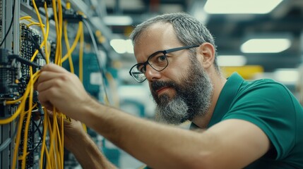 Technician Working on Network Cables in Data Center Environment