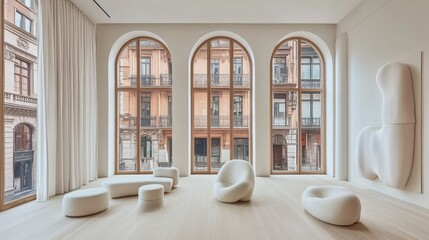 Bright and Airy Art Gallery with Arched Windows Overlooking a Historic Cityscape