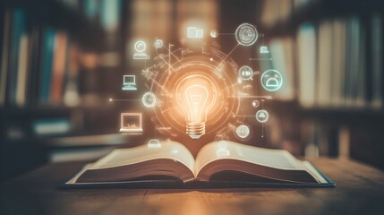 an open book resting on a wooden table, a small glowing light bulb with a graduate hat positioned in the center. surrounding educational icons. education, knowledge and innovation
