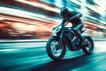 Motorcyclist speeds along city road at high speed. Extreme hobby.